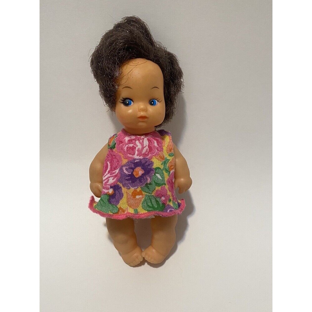 VTG Doll 1980s Floral Print Dress Brown Hair Hong Kong 5.5” Side Eye Plastic